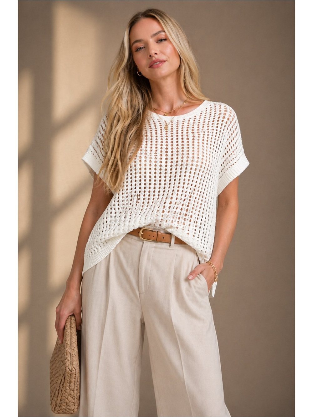 Zenana Crochet Knit Sheer Hollow Sweater Top - IVORY